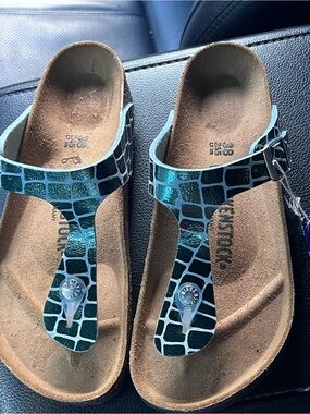 Birkenstock Teal Croc-Pattern Gizeh Sandals